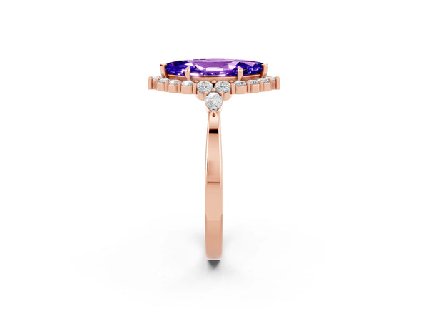 Rose gold Marquise Cut Tanzanite Halo Ring with Pear Side Stones and Prong Setting