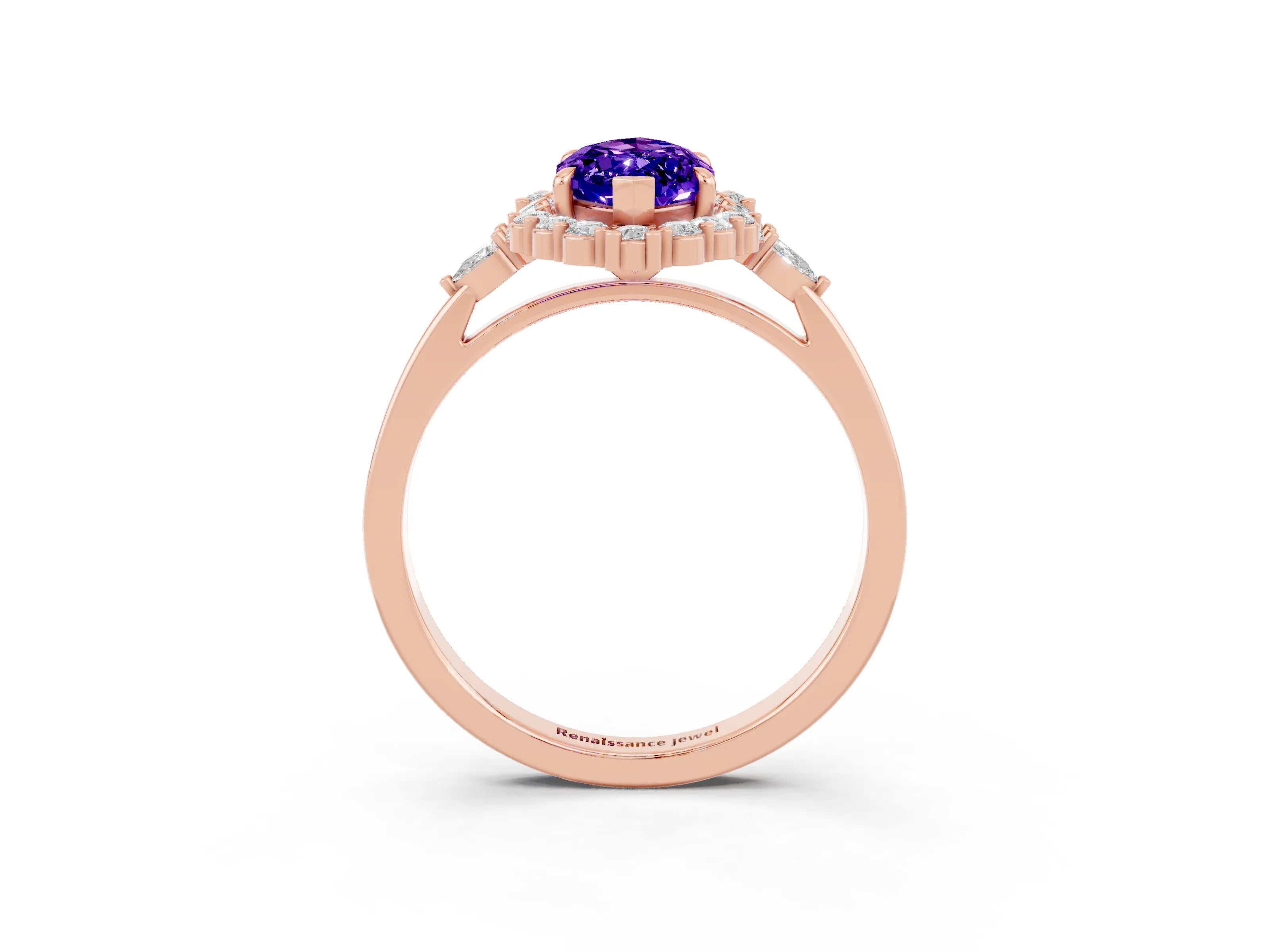 Rose gold Marquise Cut Tanzanite Halo Ring with Pear Side Stones and Prong Setting_15