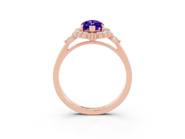 Rose gold Marquise Cut Tanzanite Halo Ring with Pear Side Stones and Prong Setting