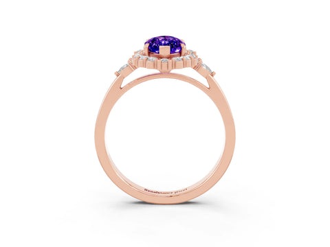 Rose gold Marquise Cut Tanzanite Halo Ring with Pear Side Stones and Prong Setting_15