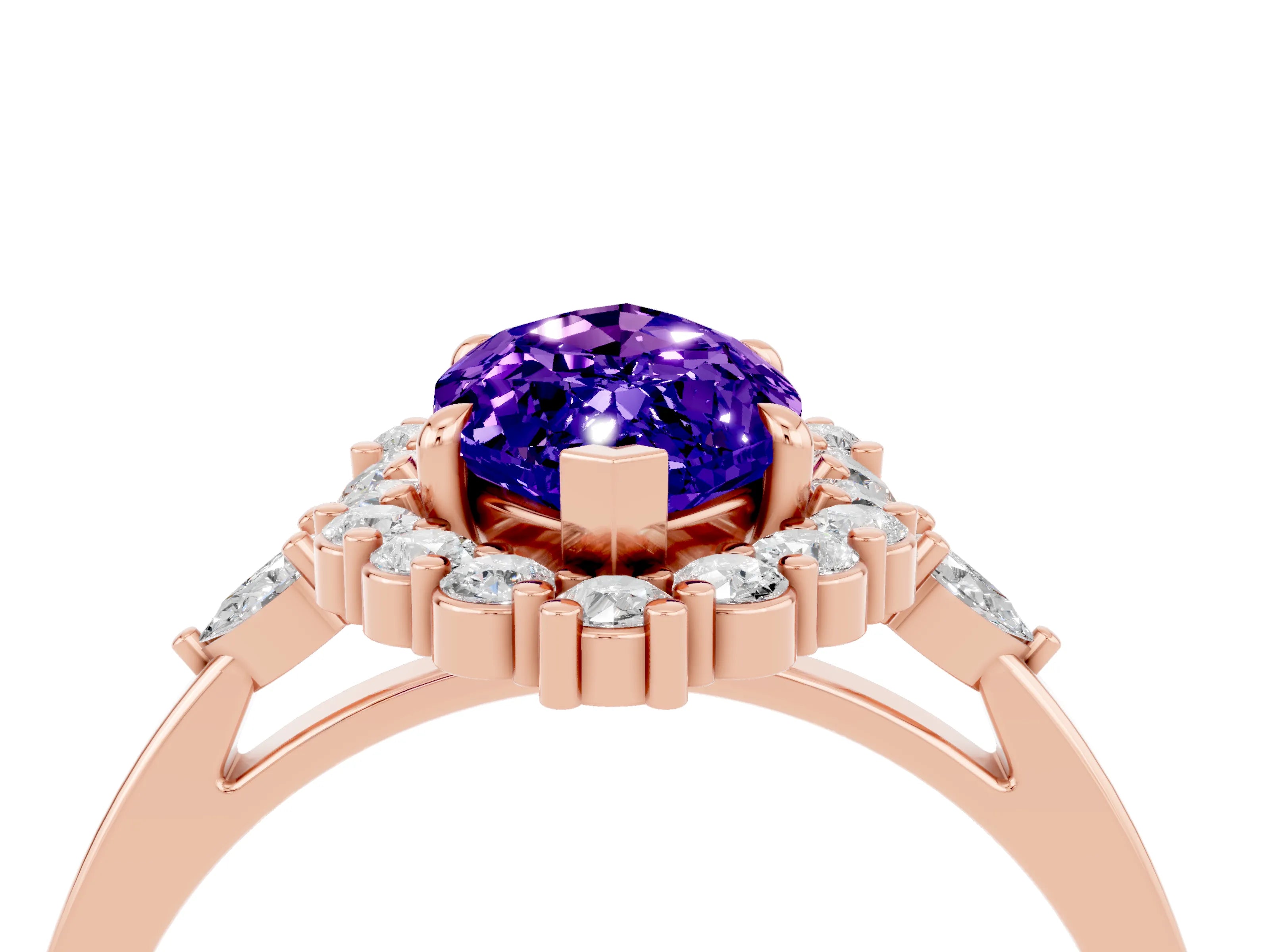 Rose gold Marquise Cut Tanzanite Halo Ring with Pear Side Stones and Prong Setting_16