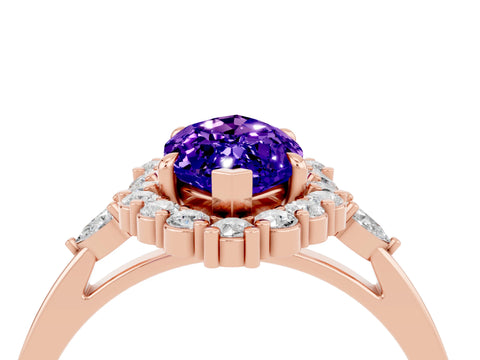 Rose gold Marquise Cut Tanzanite Halo Ring with Pear Side Stones and Prong Setting_16