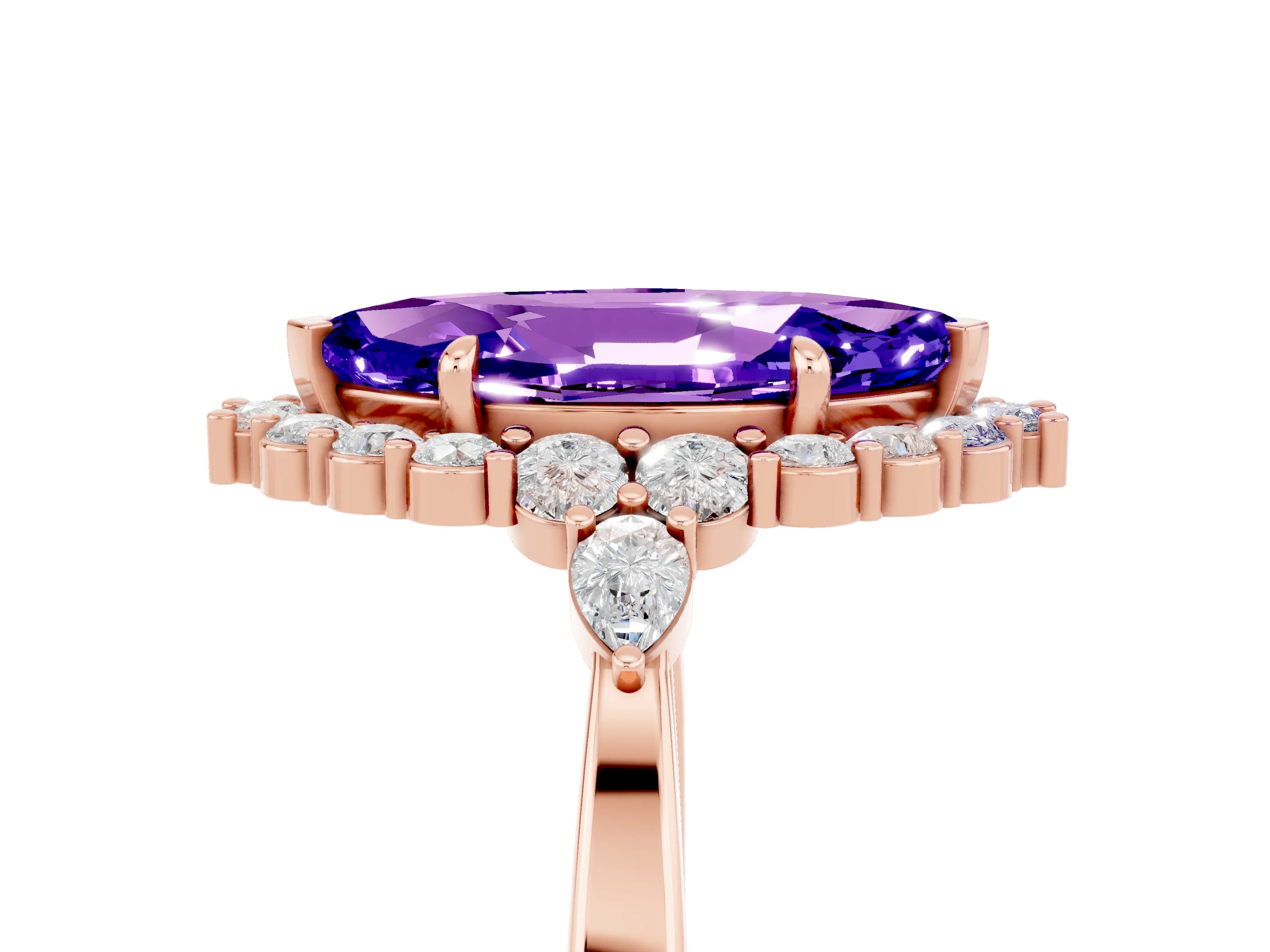 Rose gold Marquise Cut Tanzanite Halo Ring with Pear Side Stones and Prong Setting_17