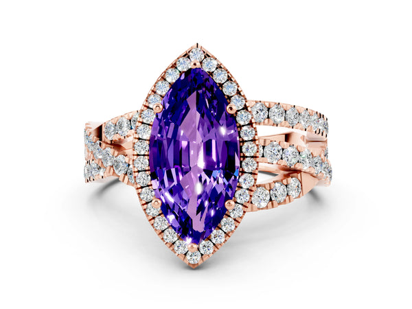Rose gold Marquise Cut Tanzanite Halo Ring with Round Split Shank and Prong Setting