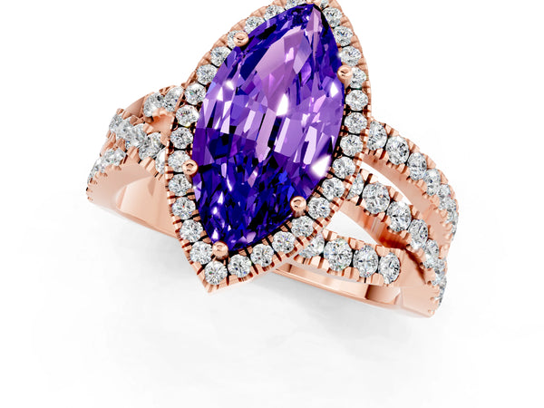 Rose gold Marquise Cut Tanzanite Halo Ring with Round Split Shank and Prong Setting