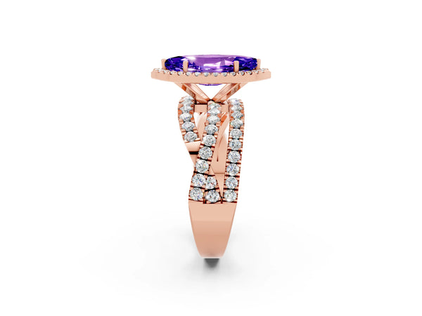Rose gold Marquise Cut Tanzanite Halo Ring with Round Split Shank and Prong Setting