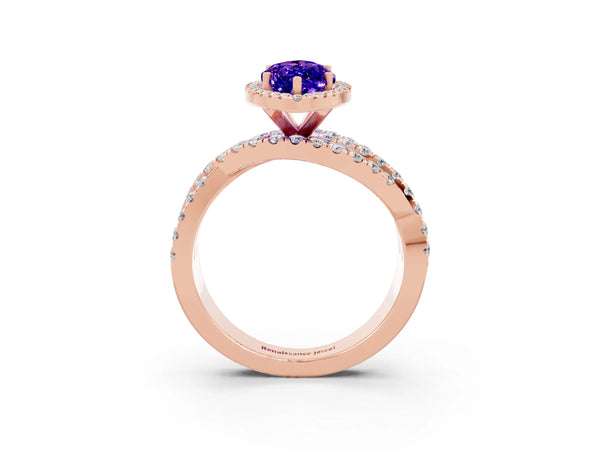 Rose gold Marquise Cut Tanzanite Halo Ring with Round Split Shank and Prong Setting