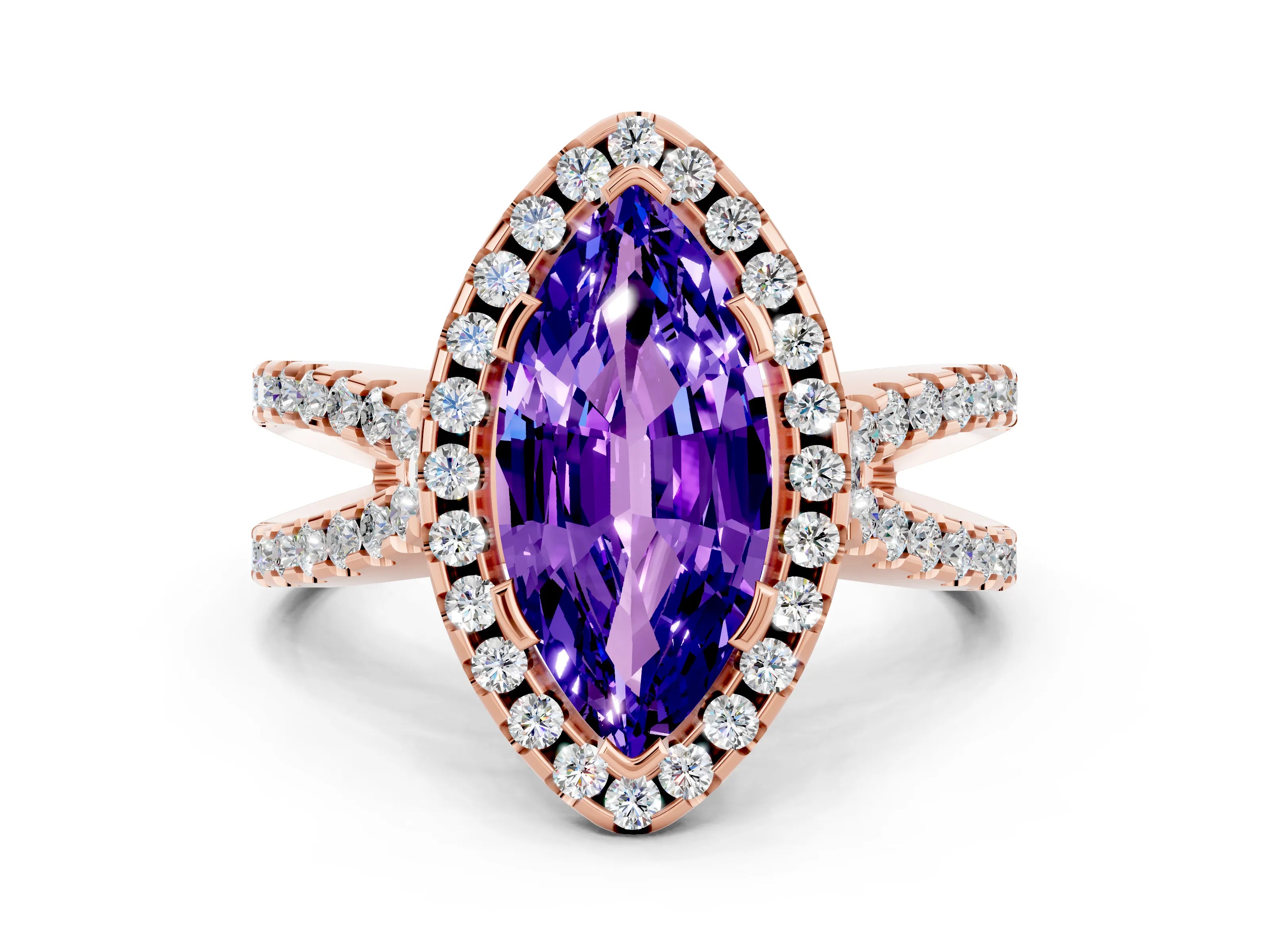 Rose gold Marquise Cut Tanzanite Halo Ring with Split Shank Pavé Band and Prong Setting