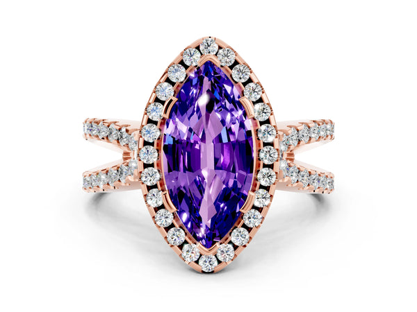 Rose gold Marquise Cut Tanzanite Halo Ring with Split Shank Pavé Band and Prong Setting