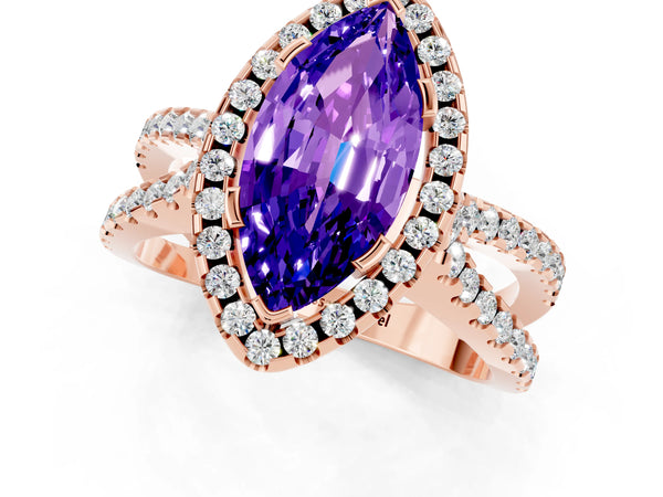Rose gold Marquise Cut Tanzanite Halo Ring with Split Shank Pavé Band and Prong Setting