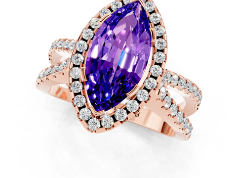 Rose gold Marquise Cut Tanzanite Halo Ring with Split Shank Pavé Band and Prong Setting_1