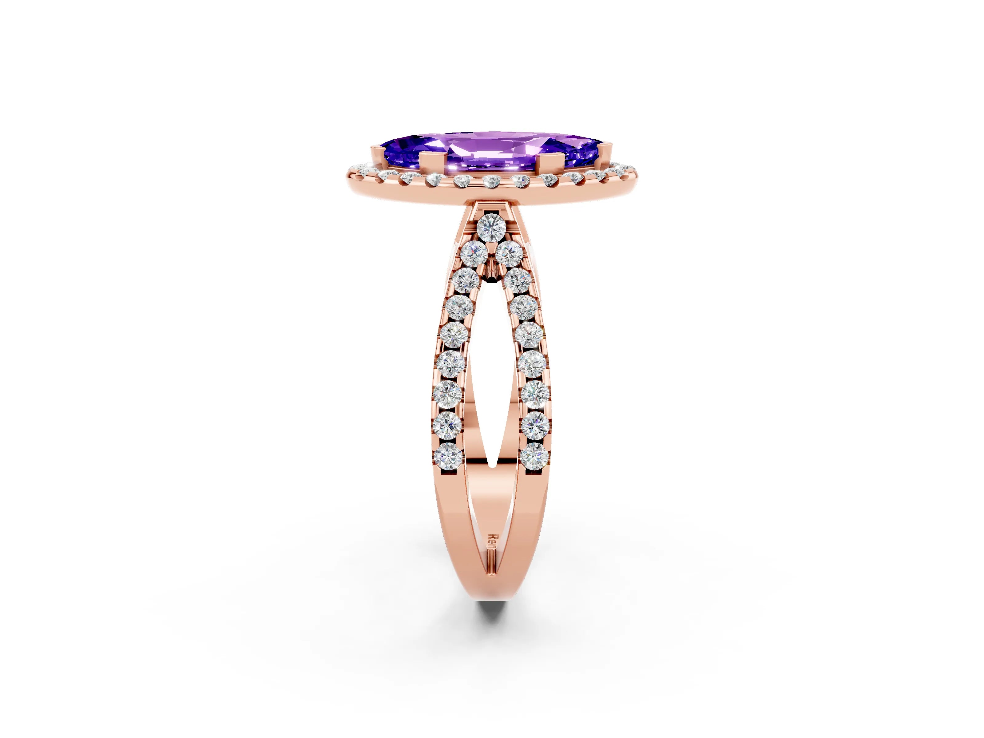 Rose gold Marquise Cut Tanzanite Halo Ring with Split Shank Pavé Band and Prong Setting_2