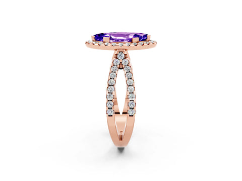 Rose gold Marquise Cut Tanzanite Halo Ring with Split Shank Pavé Band and Prong Setting_2
