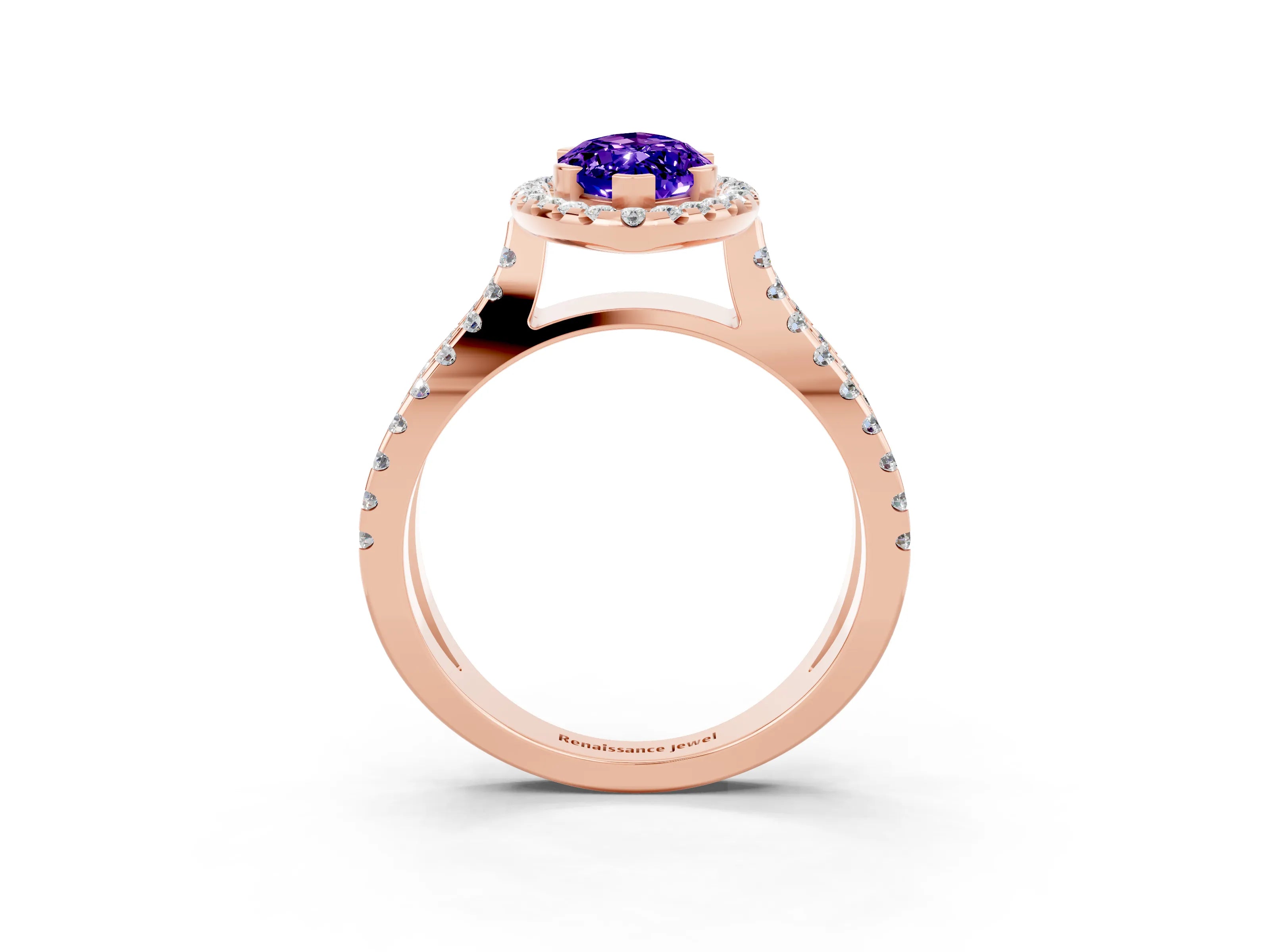 Rose gold Marquise Cut Tanzanite Halo Ring with Split Shank Pavé Band and Prong Setting_3