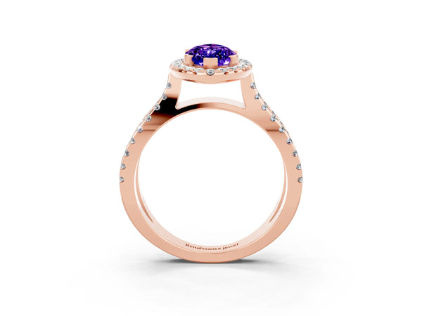 Rose gold Marquise Cut Tanzanite Halo Ring with Split Shank Pavé Band and Prong Setting
