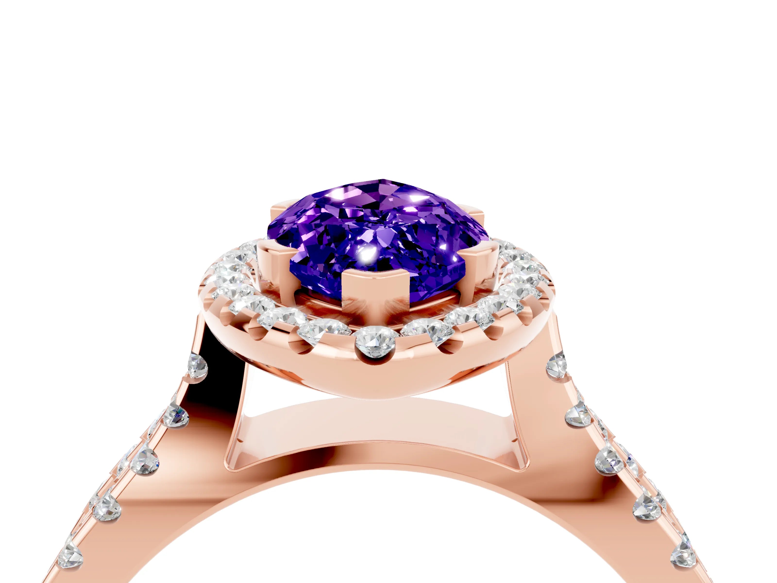 Rose gold Marquise Cut Tanzanite Halo Ring with Split Shank Pavé Band and Prong Setting_4