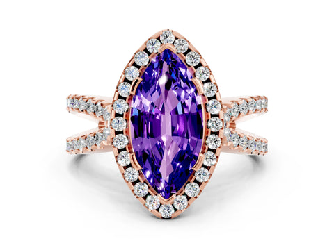 Rose gold Marquise Cut Tanzanite Halo Ring with Split Shank Pavé Band and Prong Setting