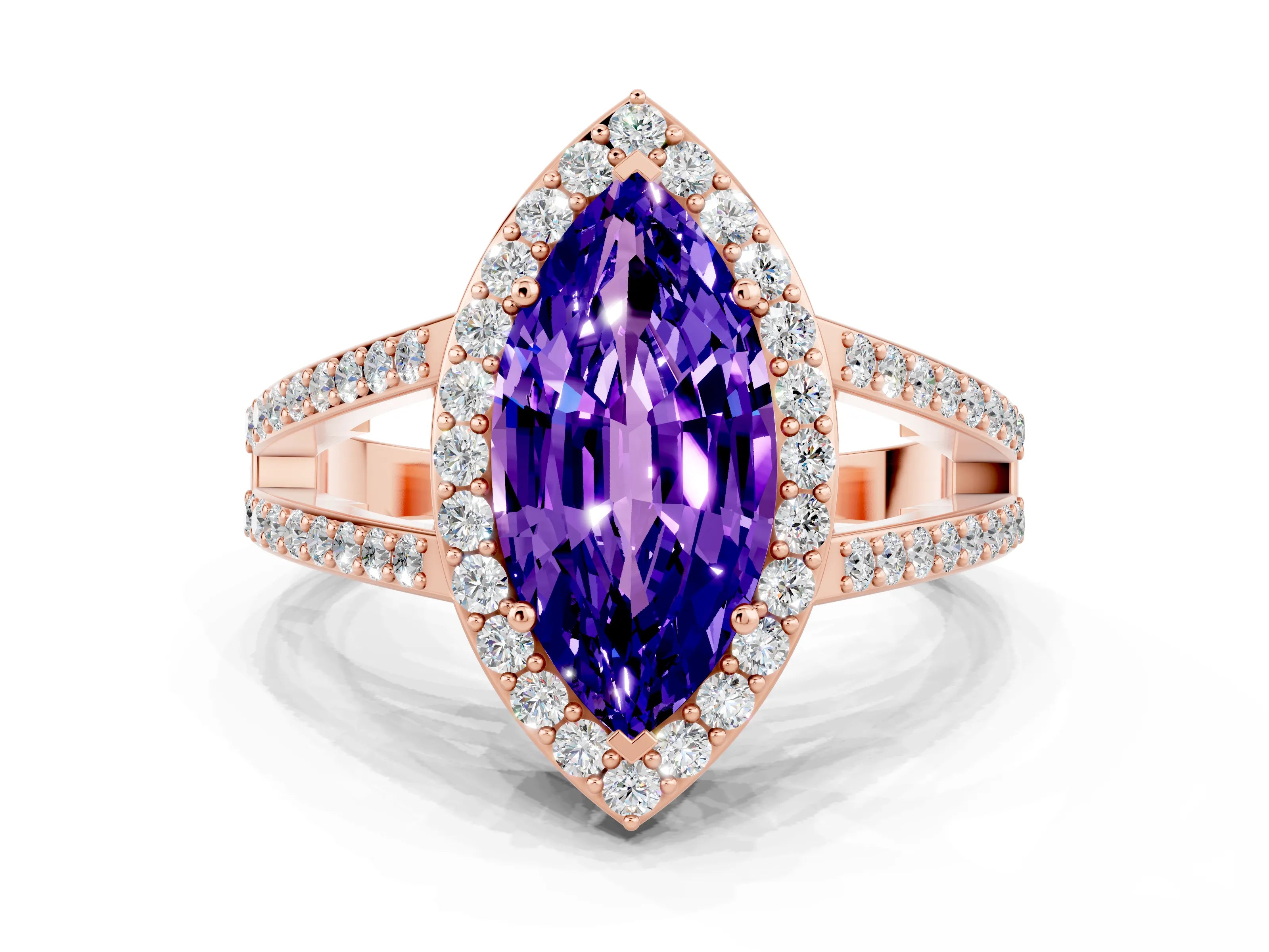 Rose gold Marquise Cut Tanzanite Halo Ring with Split Shank U-Prong Band and Four-Prong Setting