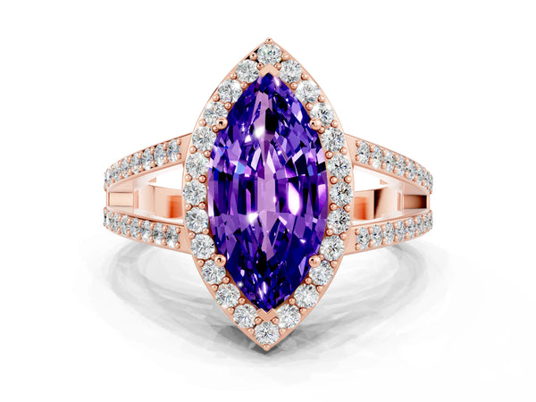 Rose gold Marquise Cut Tanzanite Halo Ring with Split Shank U-Prong Band and Four-Prong Setting