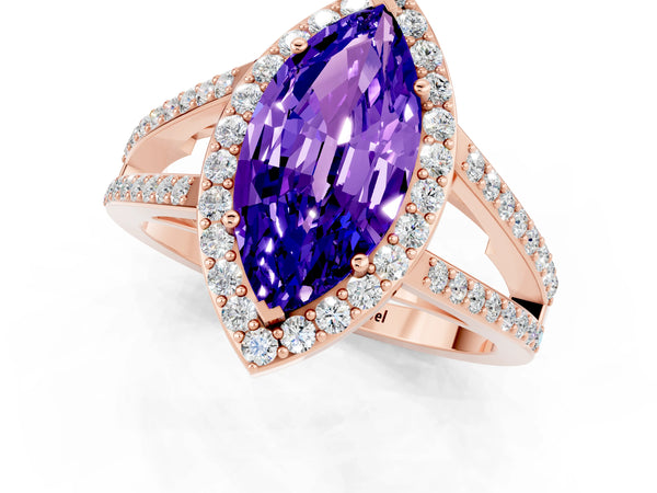 Rose gold Marquise Cut Tanzanite Halo Ring with Split Shank U-Prong Band and Four-Prong Setting