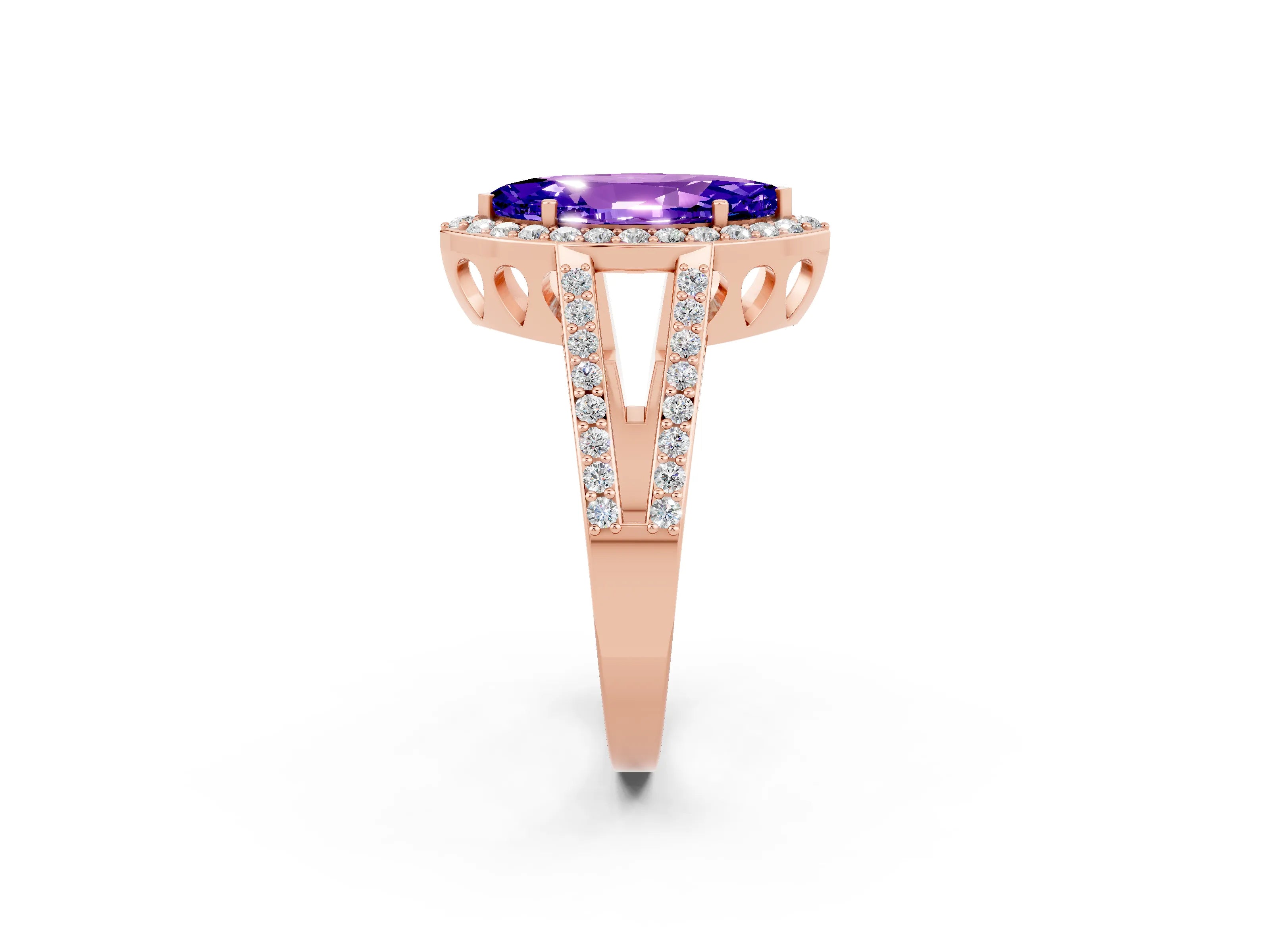 Rose gold Marquise Cut Tanzanite Halo Ring with Split Shank U-Prong Band and Four-Prong Setting_2