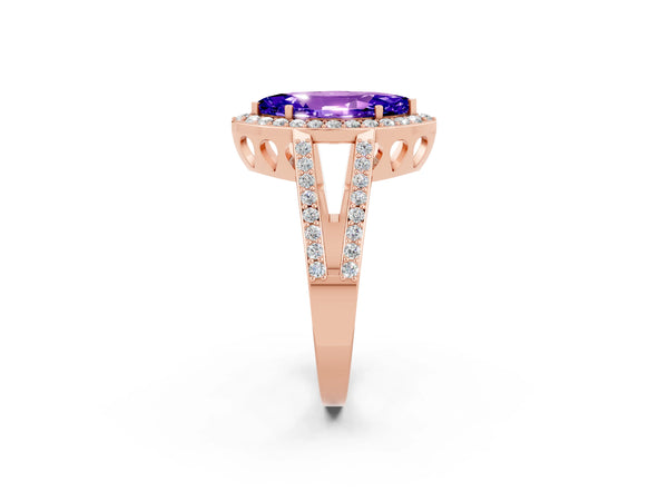 Rose gold Marquise Cut Tanzanite Halo Ring with Split Shank U-Prong Band and Four-Prong Setting