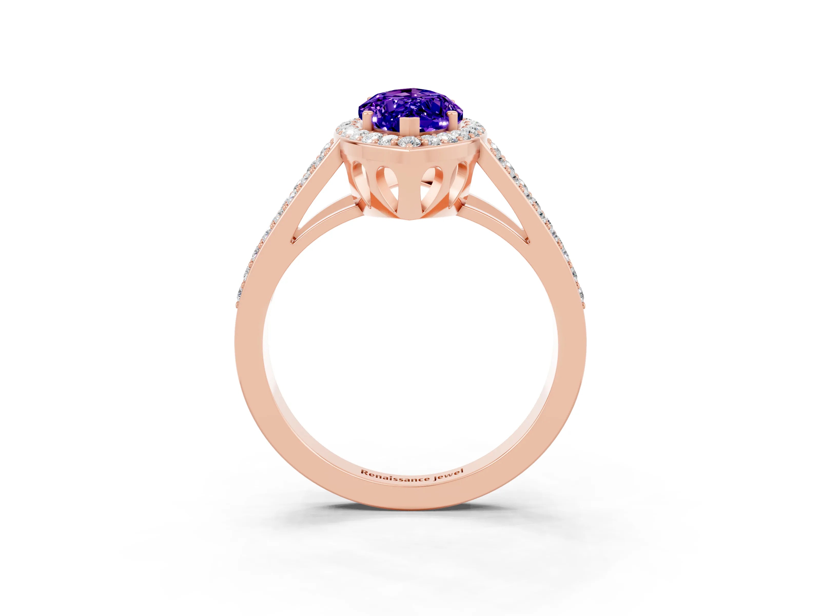 Rose gold Marquise Cut Tanzanite Halo Ring with Split Shank U-Prong Band and Four-Prong Setting_3