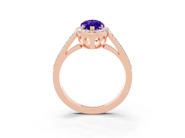 Rose gold Marquise Cut Tanzanite Halo Ring with Split Shank U-Prong Band and Four-Prong Setting
