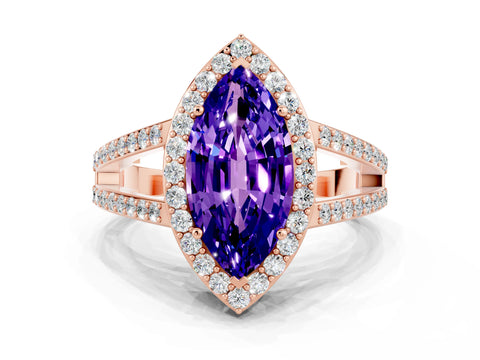 Rose gold Marquise Cut Tanzanite Halo Ring with Split Shank U-Prong Band and Four-Prong Setting