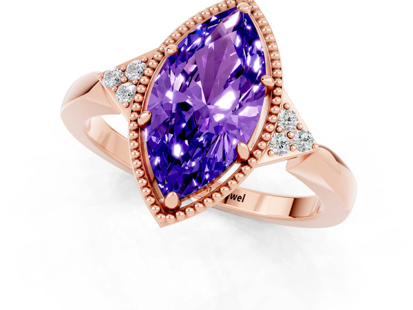 Rose gold Marquise Cut Tanzanite Halo Ring with Tapered Band and Four-Prong Setting