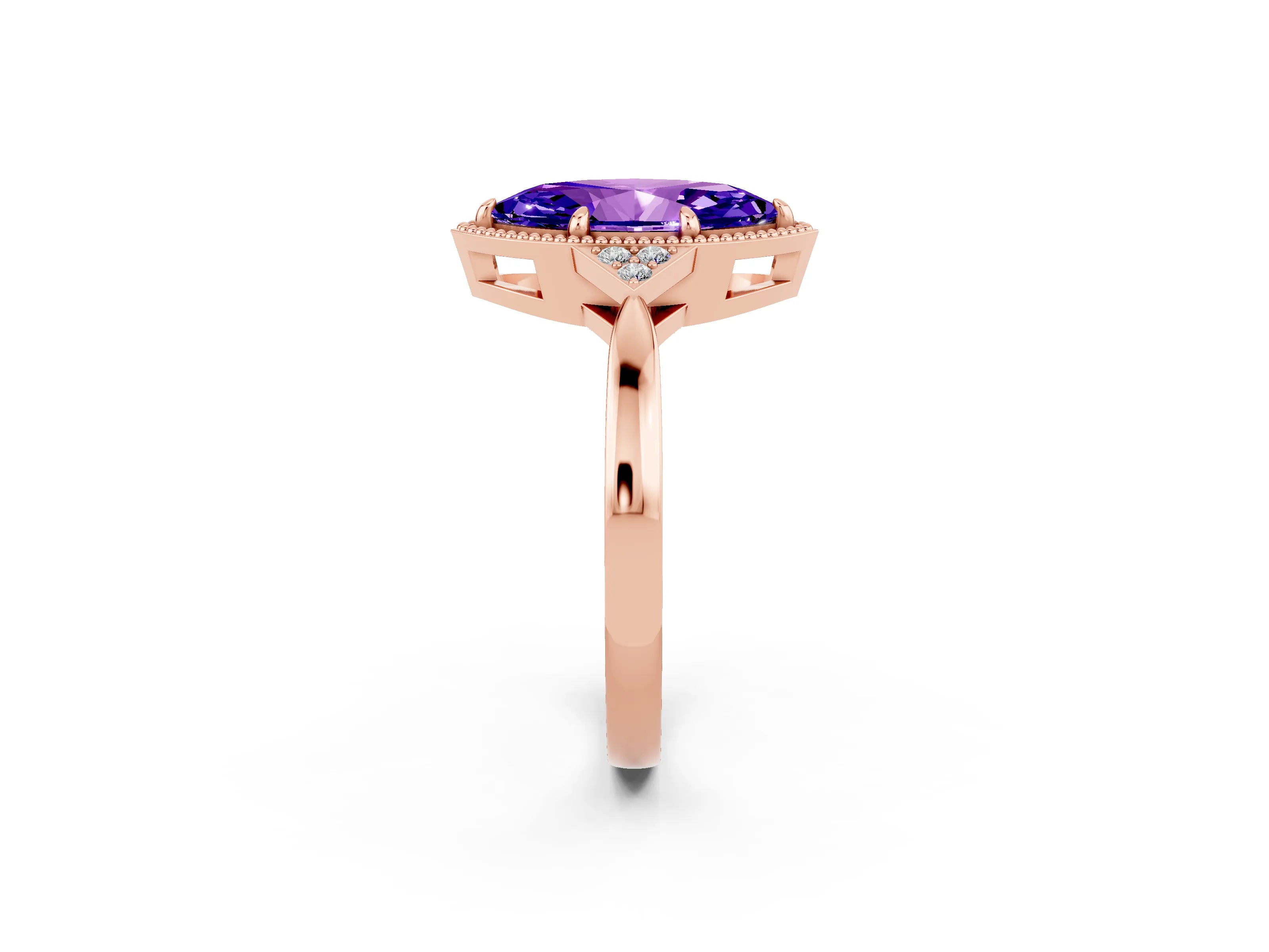 Rose gold Marquise Cut Tanzanite Halo Ring with Tapered Band and Four-Prong Setting_2