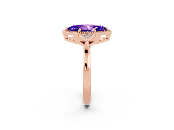 Rose gold Marquise Cut Tanzanite Halo Ring with Tapered Band and Four-Prong Setting