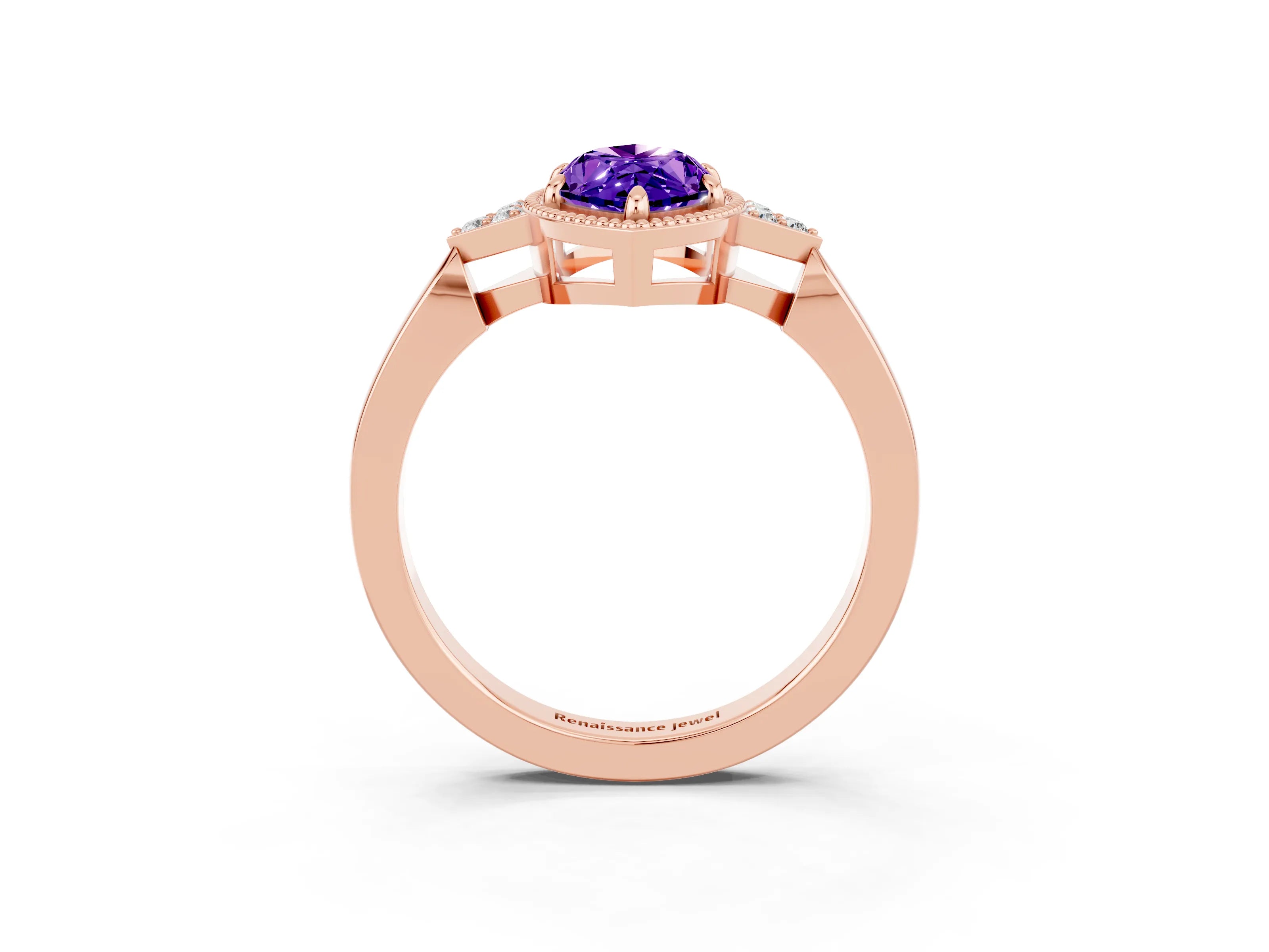 Rose gold Marquise Cut Tanzanite Halo Ring with Tapered Band and Four-Prong Setting_3