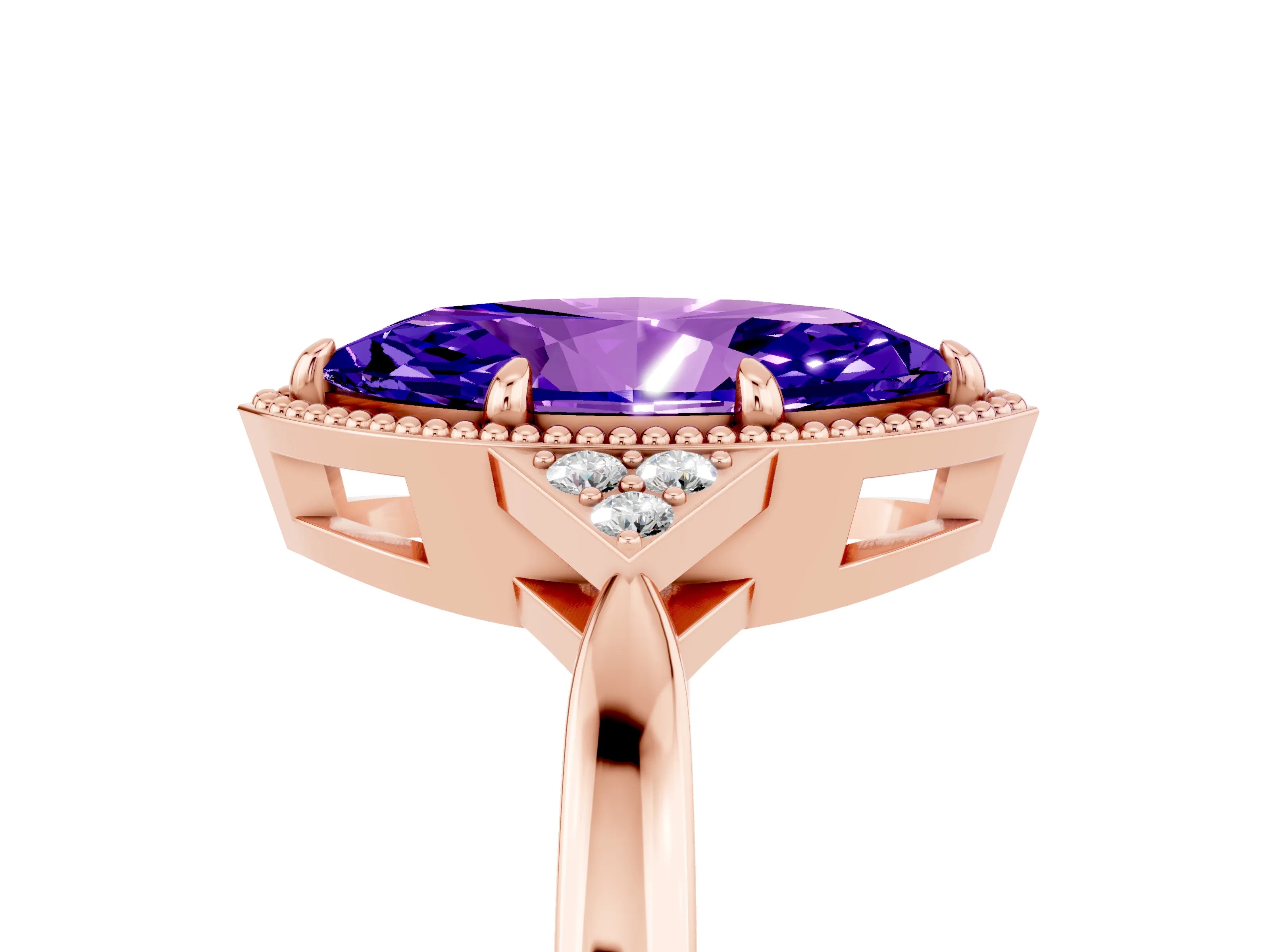 Rose gold Marquise Cut Tanzanite Halo Ring with Tapered Band and Four-Prong Setting_5