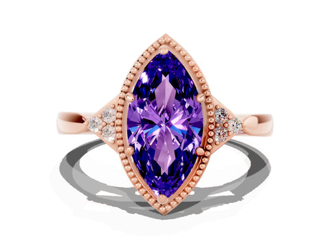 Rose gold Marquise Cut Tanzanite Halo Ring with Tapered Band and Four-Prong Setting
