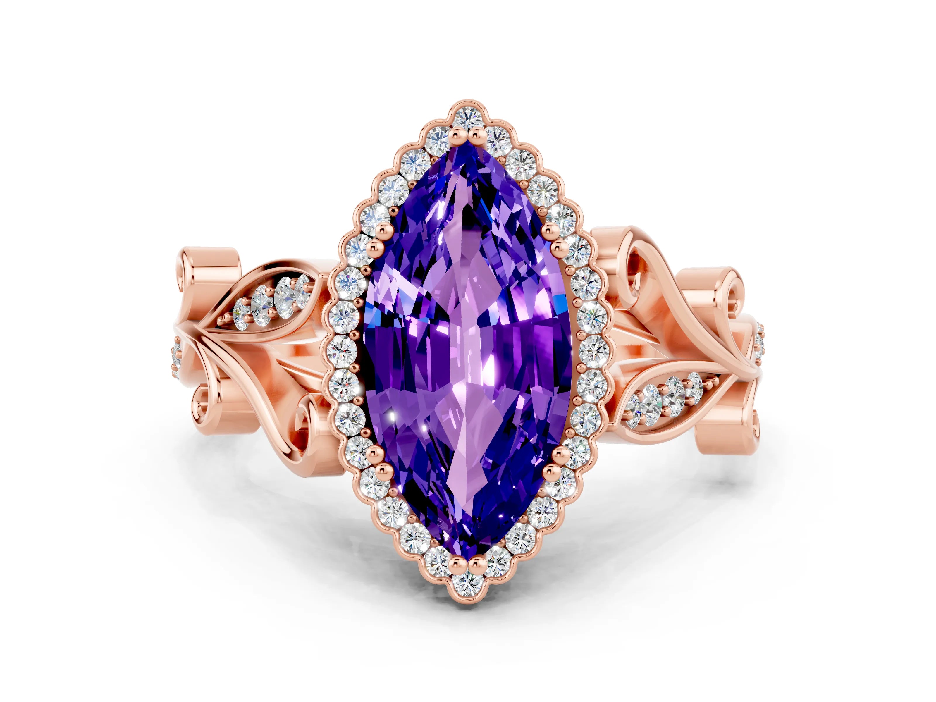 Rose gold Marquise Cut Tanzanite Halo Ring with Vintage Split Shank and Four-Prong Setting