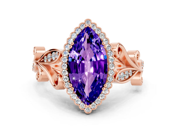 Rose gold Marquise Cut Tanzanite Halo Ring with Vintage Split Shank and Four-Prong Setting