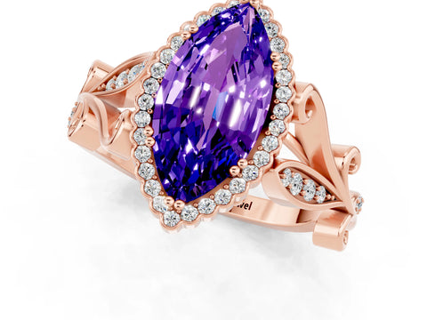 Rose gold Marquise Cut Tanzanite Halo Ring with Vintage Split Shank and Four-Prong Setting_1