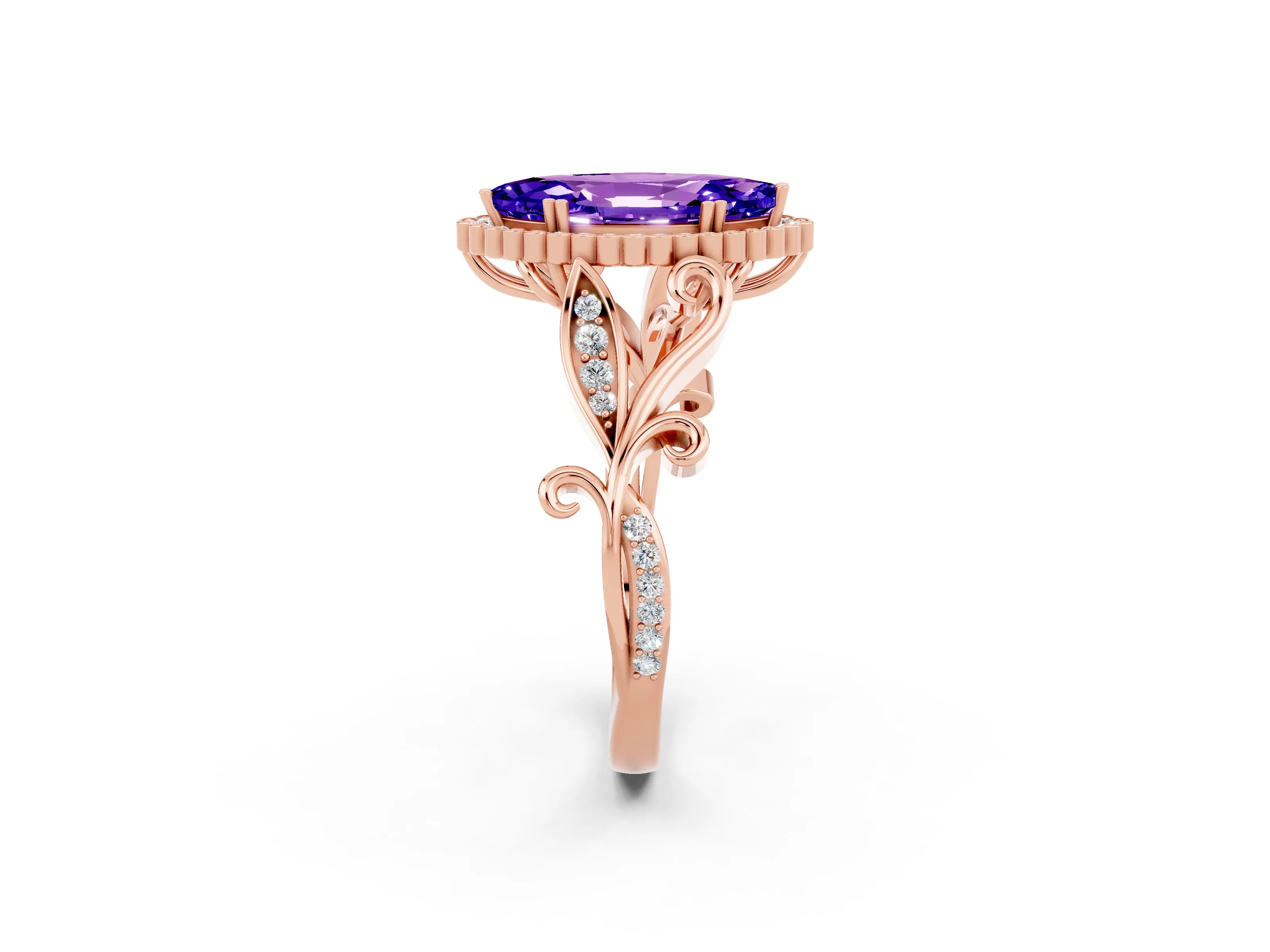 Rose gold Marquise Cut Tanzanite Halo Ring with Vintage Split Shank and Four-Prong Setting_2