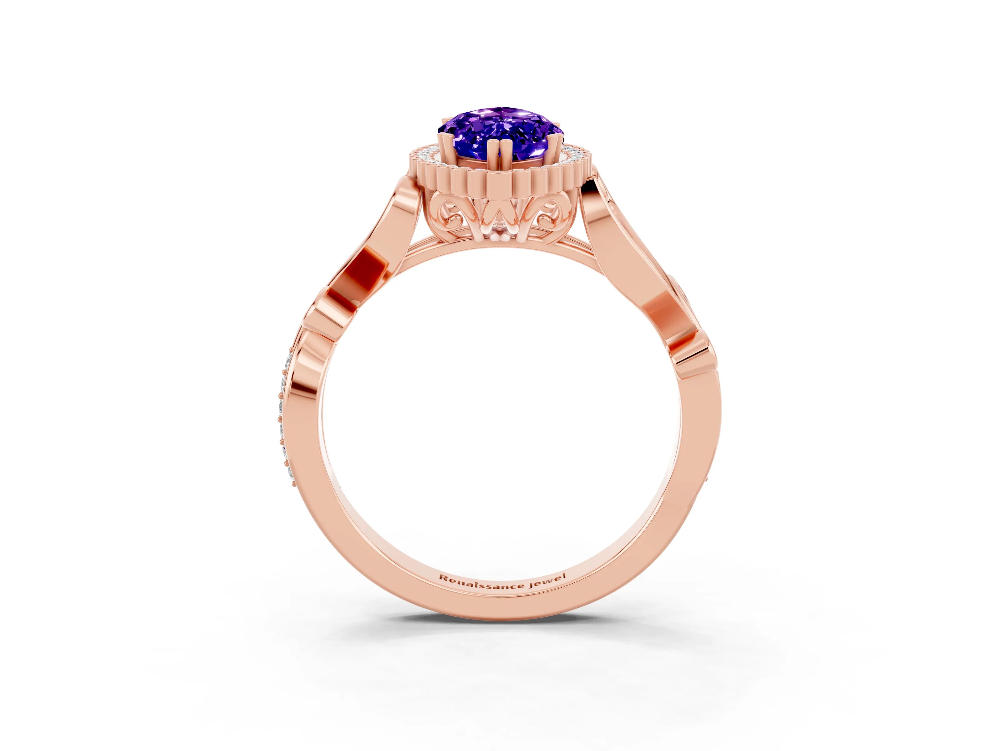 Rose gold Marquise Cut Tanzanite Halo Ring with Vintage Split Shank and Four-Prong Setting_3