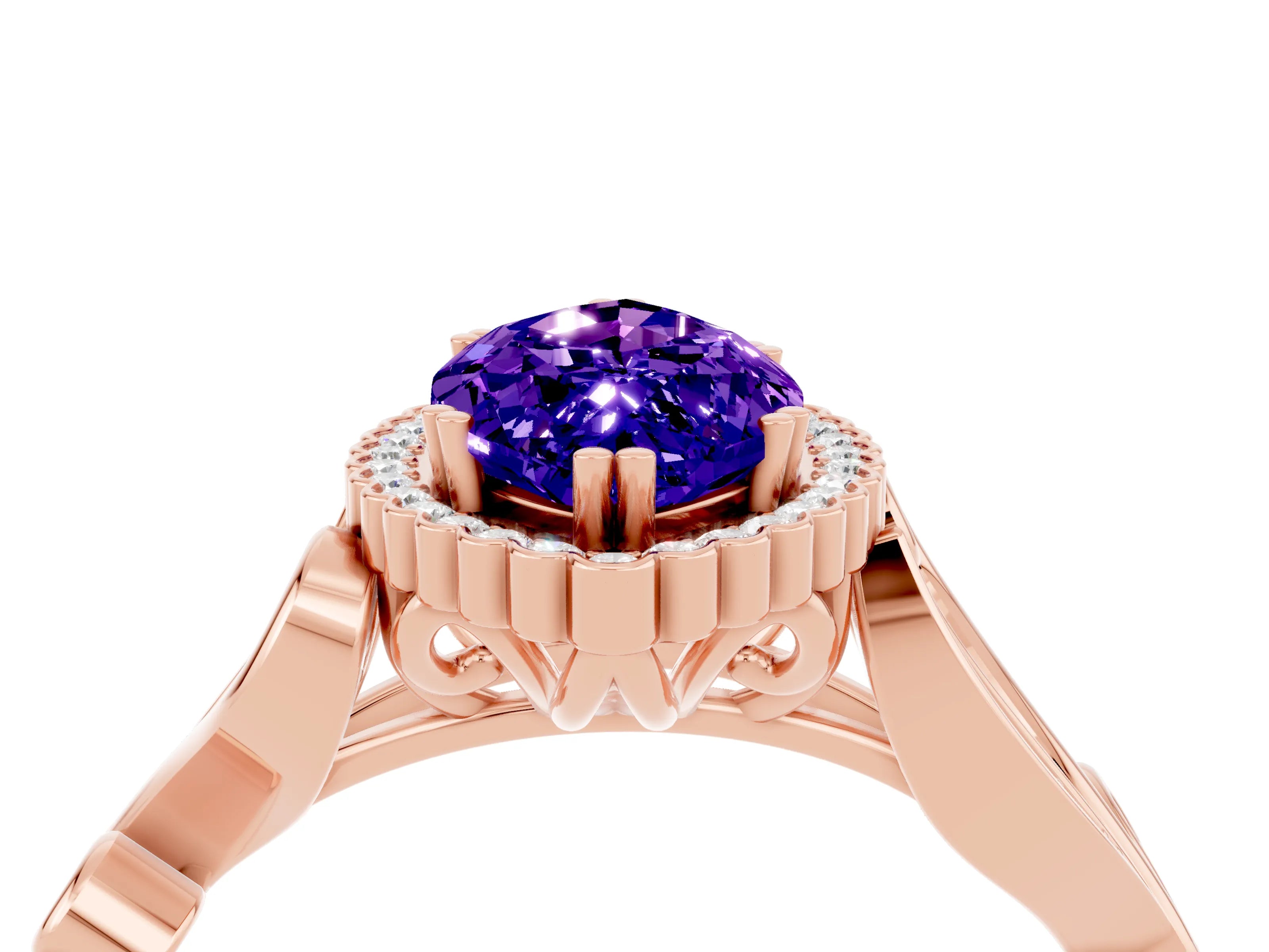 Rose gold Marquise Cut Tanzanite Halo Ring with Vintage Split Shank and Four-Prong Setting_4