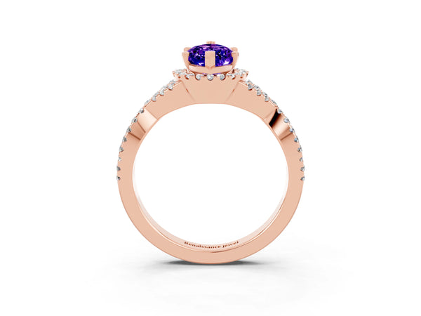 Rose gold Marquise Cut Tanzanite  Halo Twist Band Solitaire Prong Setting Ring