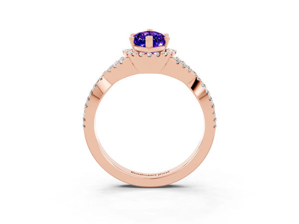 Rose gold Marquise Cut Tanzanite  Halo Twist Band Solitaire Prong Setting Ring