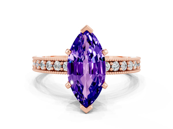 Rose gold Marquise Cut Tanzanite Milgrain Pavé Engagement Ring with Four-Prong Setting