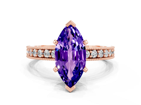 Rose gold Marquise Cut Tanzanite Milgrain Pavé Engagement Ring with Four-Prong Setting