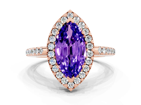 Rose gold Marquise Cut Tanzanite Pavé Halo Ring with Four-Prong Setting
