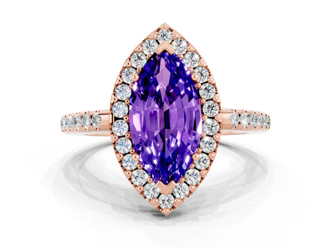 Rose gold Marquise Cut Tanzanite Pavé Halo Ring with Four-Prong Setting_12