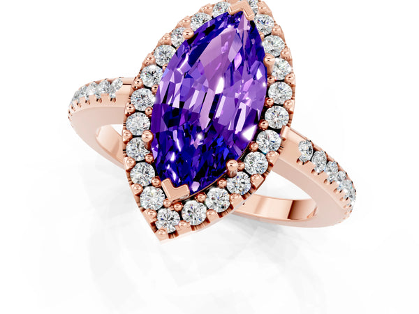 Rose gold Marquise Cut Tanzanite Pavé Halo Ring with Four-Prong Setting