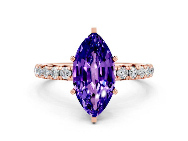 Rose gold Marquise Cut Tanzanite Pavé Solitaire Ring with Round Band and Prong Setting