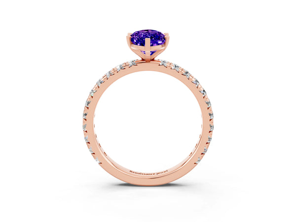 Rose gold Marquise Cut Tanzanite Pavé Solitaire Ring with Round Band and Prong Setting